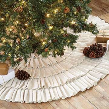 Shimmer Burlap Creme Ruffle Trim Rustic Christmas Tree Skirt, 50 inches, Holiday Decoration