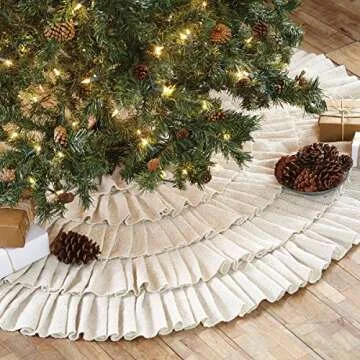 Shimmer Burlap Creme Ruffle Trim Rustic Christmas Tree Skirt, 50 inches, Holiday Decoration