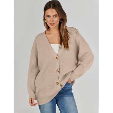 Caracilia Women's Oversized Cardigan Sweaters Long Sleeve Button Down Open Front Knit Sweater 2024 Fall Fashion Outfits Khaki Small