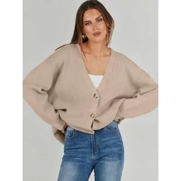 Caracilia Women's Oversized Cardigan Sweaters Long Sleeve Button Down Open Front Knit Sweater 2024 Fall Fashion Outfits Khaki Small