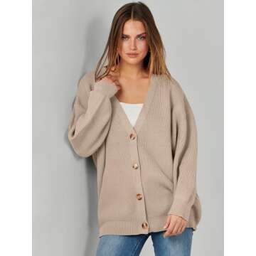 Caracilia Women's Oversized Cardigan Sweaters Long Sleeve Button Down Open Front Knit Sweater 2024 Fall Fashion Outfits Khaki Small