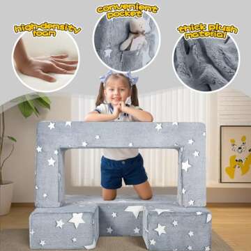 MeMoreCool Modular Kids Play Couch Sofa – Glow in The Dark Star Design, Fold-Out Toddler Couch for Playroom Furniture, Grey