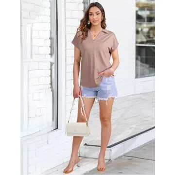 Vivilli Women Short Sleeve Tops and Blouses Business Casual Office Clothing Dressy V Neck Polo Shirts Womens Collared Blouses for Work Lightweight Polyester Tunics Adobe Rose M