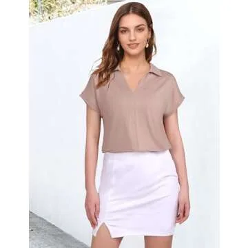 Vivilli Women Short Sleeve Tops and Blouses Business Casual Office Clothing Dressy V Neck Polo Shirts Womens Collared Blouses for Work Lightweight Polyester Tunics Adobe Rose M