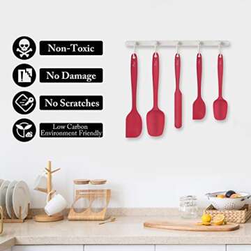 HOTEC Food Grade Silicone Rubber Spatula Set for Baking, Cooking, and Mixing High Heat Resistant Non Stick Dishwasher Safe BPA-Free Red Set of 5
