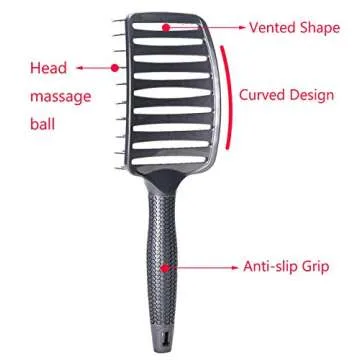 Curved Vent Brush, Barber Blow Drying Brush with Nylon Detangling Pins, Anti-Static - Grey
