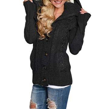 Sidefeel Women's Cardigan Hooded Fleece Lined Jackets Winter Cable Knit Sweater Coat XX-Large Black