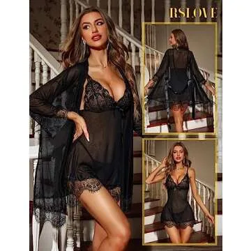 RSLOVE 3 Piece Sexy Babydoll & Lace Kimono Robe