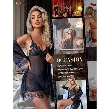RSLOVE 3 Piece Sexy Babydoll & Lace Kimono Robe