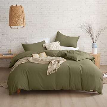 PANDATEX Olive Green Linen-Textured Rayon, Cotton, Linen Blend Duvet Cover Set, Pre-Washed Soft Brea...