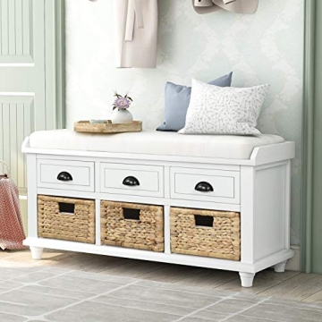 SOFTSEA Storage Bench with 3 Drawers, 3 Rattan Baskets and Removable Cushion for Entryway, Shoe Benc...