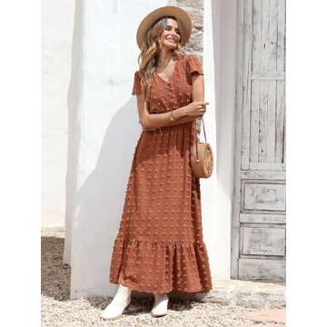 PRETTYGARDEN Womens Summer Boho Short Sleeve V Neck Ruffle Tiered Maxi Dress Swiss Dot Smocked Dress...