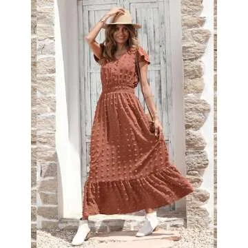 PRETTYGARDEN Womens Summer Boho Short Sleeve V Neck Ruffle Tiered Maxi Dress Swiss Dot Smocked Dress A Line Beach Long Dress(Orange Red,Large)