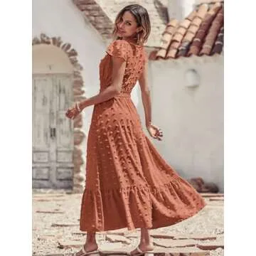 PRETTYGARDEN Womens Summer Boho Short Sleeve V Neck Ruffle Tiered Maxi Dress Swiss Dot Smocked Dress A Line Beach Long Dress(Orange Red,Large)