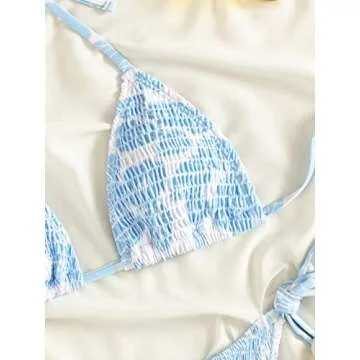 MakeMeChic Women's Halter Tie Side Triangle Bikini Set high Cut 2 Piece Bikini Swimsuit Bathing Suit Blue and White S