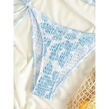 MakeMeChic Women's Halter Tie Side Triangle Bikini Set high Cut 2 Piece Bikini Swimsuit Bathing Suit Blue and White S