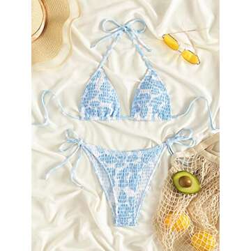 MakeMeChic Women's Halter Tie Side Triangle Bikini Set high Cut 2 Piece Bikini Swimsuit Bathing Suit Blue and White S