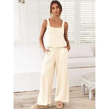 ANRABESS Women's 2 Piece Outfits Linen Pants Jumpsuit Matching Lounge Set Casual Summer Beach Vacati...