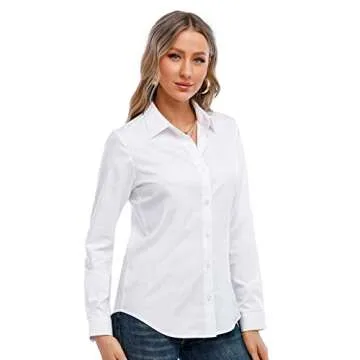 Women's Classic-Fit White Long Sleeve Button-Down Shirt Formal Work Wear