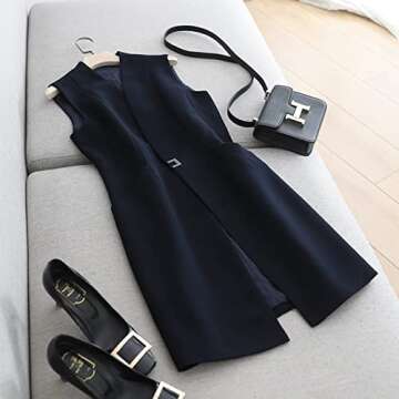 AYAKUMIC Women's Long Vest with Pocket Waist Vest Casual Sleeveless Button Down Draped Vest Outwear (Navy Blue,XL)