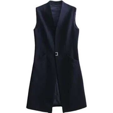 AYAKUMIC Women's Long Vest with Pocket Waist Vest Casual Sleeveless Button Down Draped Vest Outwear (Navy Blue,XL)