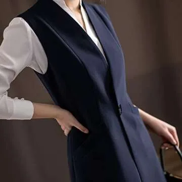 AYAKUMIC Women's Long Vest with Pocket Waist Vest Casual Sleeveless Button Down Draped Vest Outwear (Navy Blue,XL)