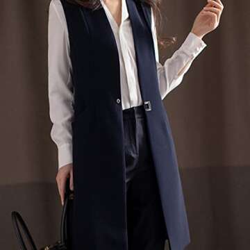 AYAKUMIC Women's Long Vest with Pocket Waist Vest Casual Sleeveless Button Down Draped Vest Outwear (Navy Blue,XL)