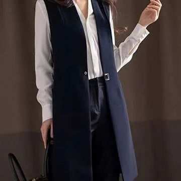 AYAKUMIC Women's Long Vest with Pocket Waist Vest Casual Sleeveless Button Down Draped Vest Outwear (Navy Blue,XL)