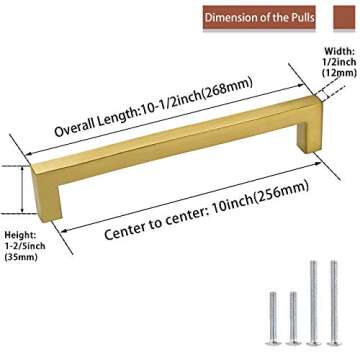 goldenwarm Antique Brushed Brass Modern Cabinet Hardware 10in Drawer Handles - LSJ12GD256 Pack of 5 Top Drawer Pulls for Kitchen Bedroom Bathroom Closet