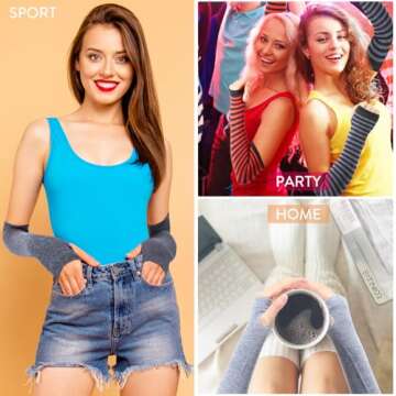 SATINIOR 6 Pairs Long Fingerless Gloves for Women Knit Thigh High Striped Arm Warmer Thumb Hole Stretchy Gloves(Multi-color)