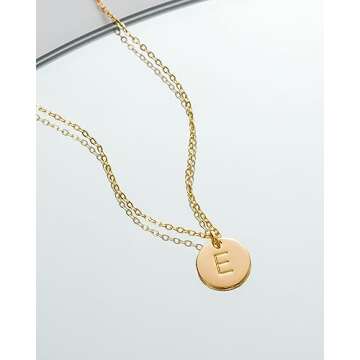 Bemoly Initial Necklace for Women Round 11MM Coin Disc Double Side Engraved Letter E Hammered Pendant 14K Gold Plated Personalized Alphabet Birthday Jewelry 17.5"