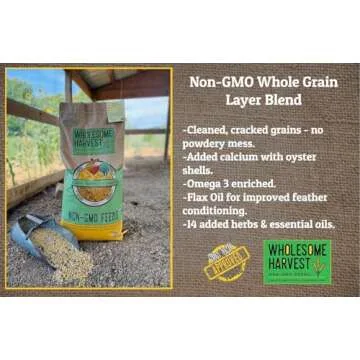 Wholesome Harvest Non-GMO Whole Grain Layer Blend 16% - Chicken Feed for Laying Hens and Ducks - Includes Essential Oils, Herbs, Oyster Shells, Vital Minerals, and Omega 3, 40lb