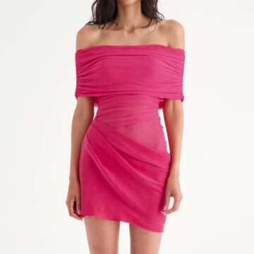 ABYOVRT Women Off Shoulder Mini Dress Sheer Mesh Ruched Short Dress Sexy Y2k Dresses Beach Clubwear (Rose,L)