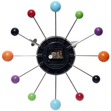 Infinity Instruments Orb Spoke Midcentury Modern 15 inch Retro Starburst Ball Wall Clock Quiet Quartz Movement Mid Century Decorative, Multi, Multicolor
