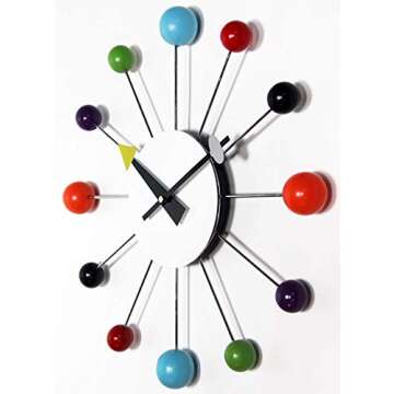Infinity Instruments Orb Spoke Midcentury Modern 15 inch Retro Starburst Ball Wall Clock Quiet Quartz Movement Mid Century Decorative, Multi, Multicolor