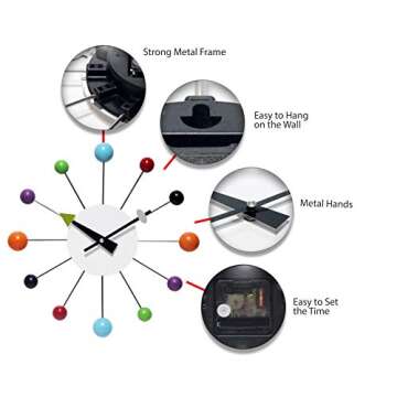 Infinity Instruments Orb Spoke Midcentury Modern 15 inch Retro Starburst Ball Wall Clock Quiet Quartz Movement Mid Century Decorative, Multi, Multicolor
