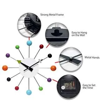 Infinity Instruments Orb Spoke Midcentury Modern 15 inch Retro Starburst Ball Wall Clock Quiet Quartz Movement Mid Century Decorative, Multi, Multicolor