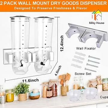 Milky House Food Dispensers Wall Mount, 2 Pack Dry Cereal Dispenser, Convenient Storage Dual Control for Cereal Nuts, Coffee Beans Trail Mix Candy Oatmeal Rice Pasta Candy Container, Cereals Bank 3L