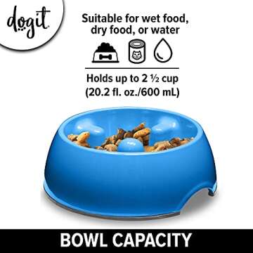 Dogit Dog Bowl Slow Feeder for Wet or Dry Dog Food, Go Slow Anti-Gulping Dog Dish, Blue, M