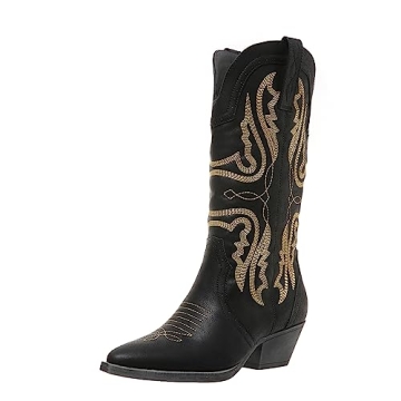 Cowboy Boots for Women - Stylish Mid Calf Western Boots with Chunky Block Heel