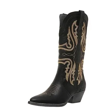 Cowboy Boots for Women - Stylish Mid Calf Western Boots with Chunky Block Heel