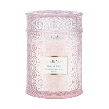 LA JOLIE MUSE Rose Noir & Oud Candle, Valentines Candles Gift for Women, Rose Scented Candle, Wood Wicked Candle, Pink Candles for Home Scented, Large Candle, Long Burning Time, 19 Oz