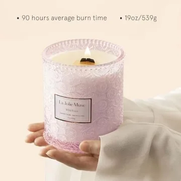 LA JOLIE MUSE Rose Noir & Oud Candle, Valentines Candles Gift for Women, Rose Scented Candle, Wood Wicked Candle, Pink Candles for Home Scented, Large Candle, Long Burning Time, 19 Oz