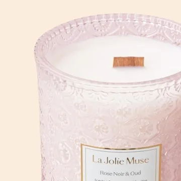 LA JOLIE MUSE Rose Noir & Oud Candle, Valentines Candles Gift for Women, Rose Scented Candle, Wood Wicked Candle, Pink Candles for Home Scented, Large Candle, Long Burning Time, 19 Oz