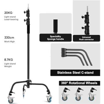 Heavy Duty C Stand 11.3ft Adjustable Century Stand with Boom Arm and Wheels