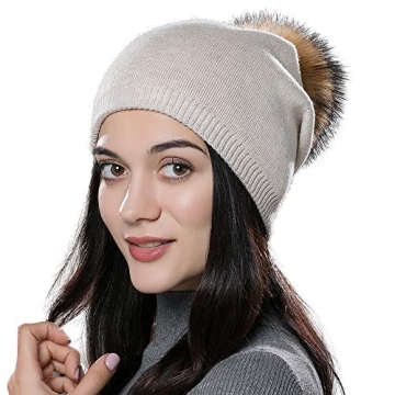 Winter Beanie Hats for Women Genuine Fur Pompom Beanie Knit Wool Hats Ski Cap