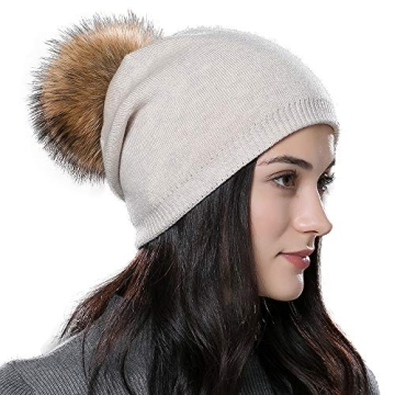 Winter Beanie Hats for Women Genuine Fur Pompom Beanie Knit Wool Hats Ski Cap