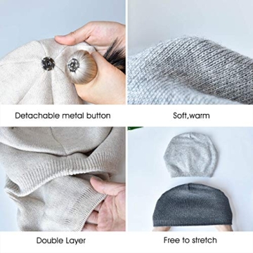 Winter Beanie Hats for Women Genuine Fur Pompom Beanie Knit Wool Hats Ski Cap