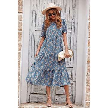 PRETTYGARDEN Women's Summer Casual Boho Dress Floral Print Ruffle Puff Short Sleeve Flowy Midi Beach...