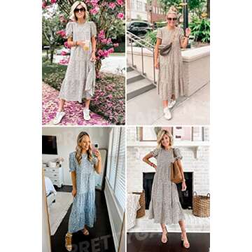 PRETTYGARDEN Women's Summer Casual Boho Dress Floral Print Ruffle Puff Short Sleeve Flowy Midi Beach Party Dresses (Blue Apricot,Medium)